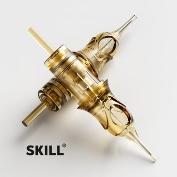 Dwa kartridże SKILL GOLD Long Taper 1001 RLLT 0.30 / 1 ułożone na białym tle – idealne do precyzyjnej pracy na wszystkich typach skóry.
