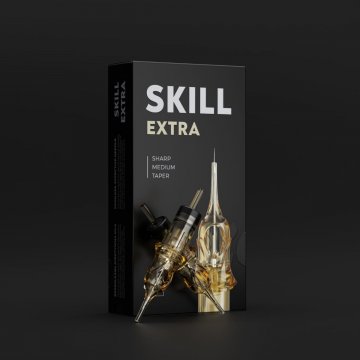 Opakowanie igieł Extra SKILL z igłą na czarnym tle – wersja z napisem Sharp Medium Taper