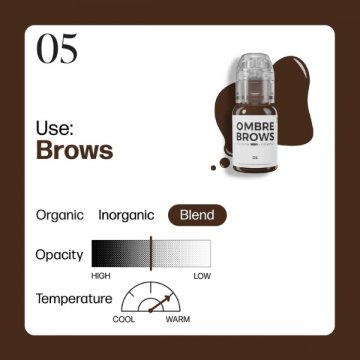 Karta charakterystyki pigmentu Ombre Brows 05 – hybrydowa formuła, wysoka krycie, ciepły odcień, idealny do brwi.