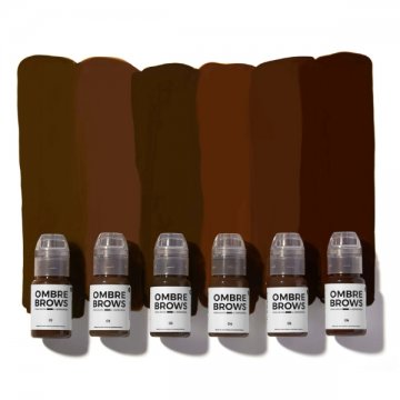 Kolekcja pigmentów Ombre Brows 01–06 – porównanie odcieni od jasnego do najciemniejszego brązu.