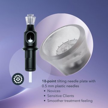 Zbliżenie na&nbsp;końcówkę kartridża 18-Needle Plate 0.3mm Plastic Universal – mikroigły z tworzywa sztucznego dla delikatnej penetracji skóry