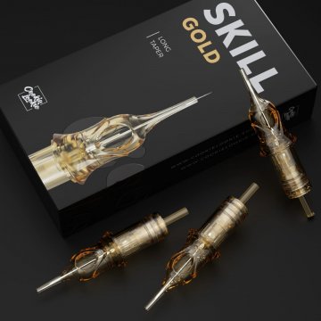 Kartridże SKILL GOLD Long Taper 1001 RLLT 0.30 / 1 na czarnym tle – wysokiej jakości komponenty i perfekcyjna precyzja igły.