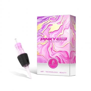 Biomaser PINKY ULTRA 1R 0,25 mm MT 3 mm – różowy kartridż z czarnym uchwytem obok opakowania producenta