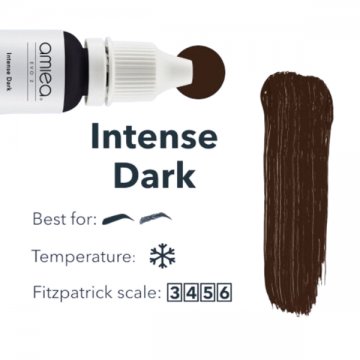 Infografika pigmentu Intense Dark - AMIEA EVO 2. Odpowiedni do&nbsp;technik pudrowych i&nbsp;włoskowych, zalecany dla ciemnych karnacji i&nbsp;chłodnych tonacji skóry