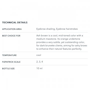 Dane techniczne pigmentu Ash Brown AMIEA EVO 2 do&nbsp;brwi. Chłodny odcień, skala Fitzpatricka 2-4, pojemność 10 ml