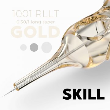 Zbliżenie na końcówkę kartridża SKILL GOLD Long Taper 1001 RLLT 0.30 / 1 – precyzyjna, wydłużona igła dla maksymalnej dokładności w makijażu permanentnym.